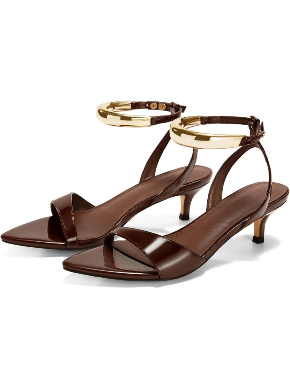 Women's Coffee Low Kitten Heels Sandals Strappy Pointed Open Toe One Strap Metal